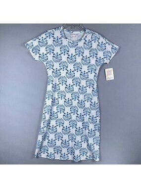 LuLaRoe Marly Dress Women Size XS Floral Short Sleeve Belt Blue White